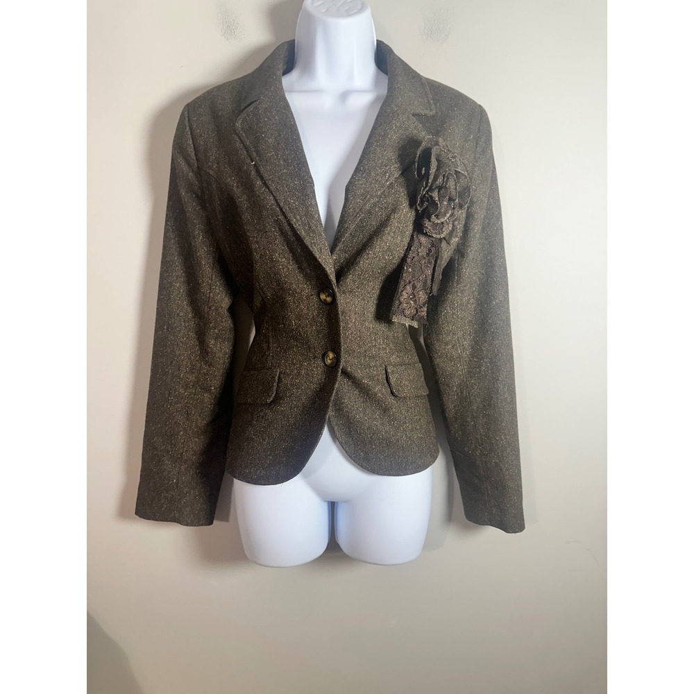 H&M Brown Wool Silk Tweed Blazer Metallic Gold Floral Rosette Size 10